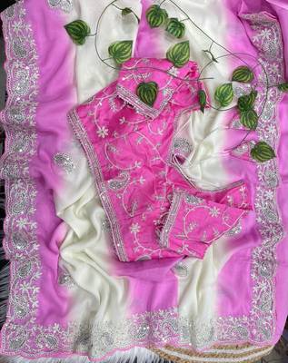 Magenta Color  embroidery sequence work georgette Saree 4