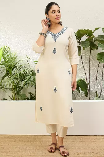 Off white color silk blend embroidery work ethnic casual long kurta