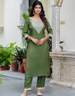 Green silk blend designer festive wear readymade suit 3