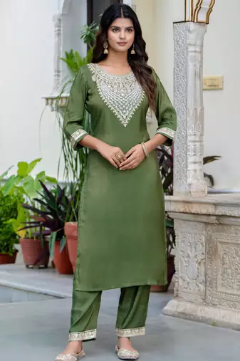 Green silk blend designer festive wear readymade suit
