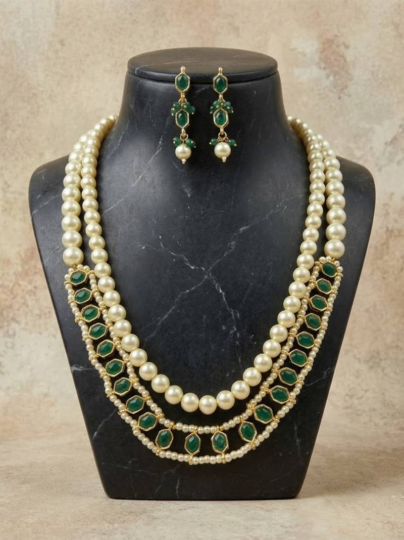 Royal emerald green pearl layered necklace set with earrings for women
