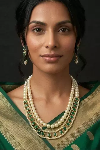 Royal emerald green pearl layered necklace set with earrings for women