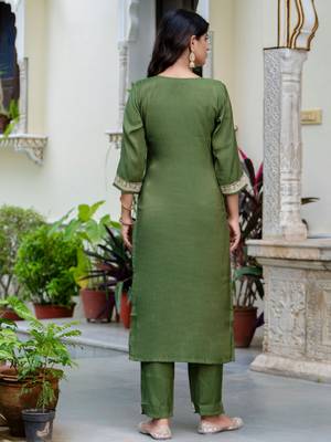 Green silk blend designer festive wear readymade suit 4