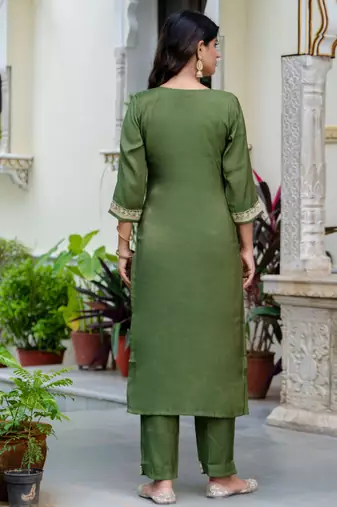 Green silk blend designer festive wear readymade suit