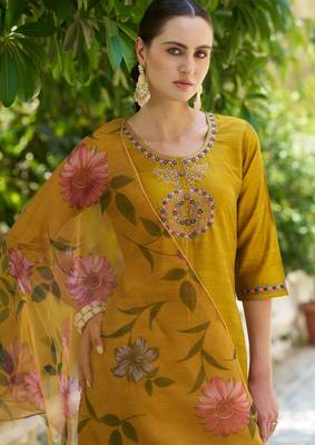mustard fancy cotton silk kurta set 4