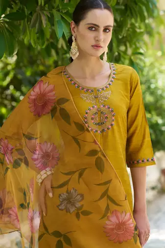 mustard fancy cotton silk kurta set