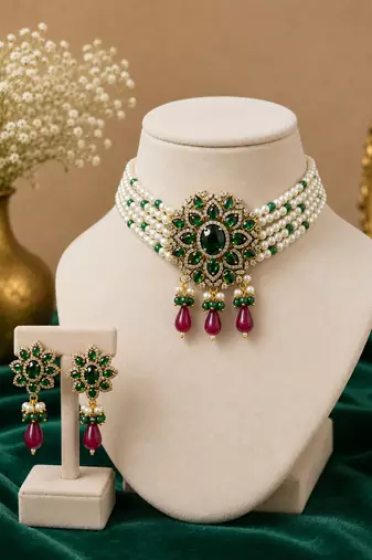 Royal emerald green pearl choker necklace set with earrings for women