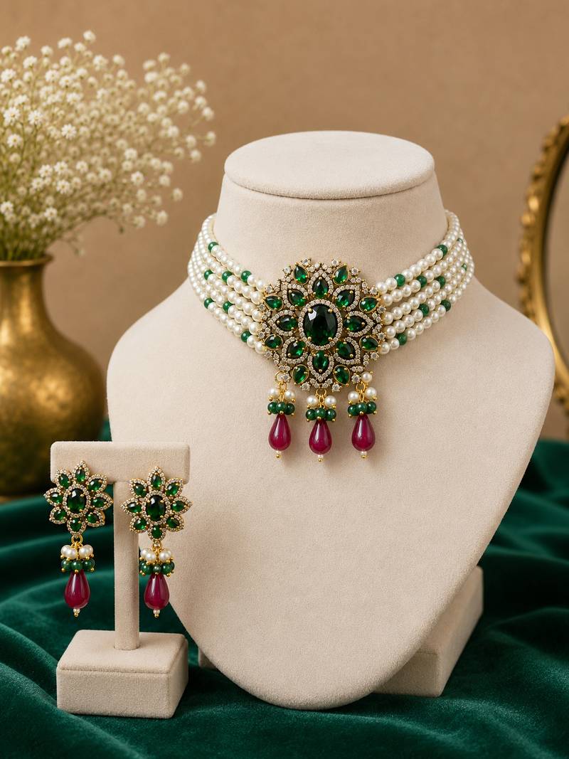 Royal emerald green pearl choker necklace set with earrings for women