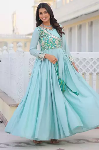 sky-blue fancy pure silk blend long kurti