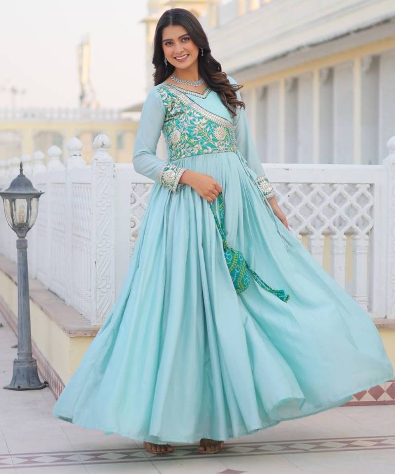 sky-blue fancy pure silk blend long kurti