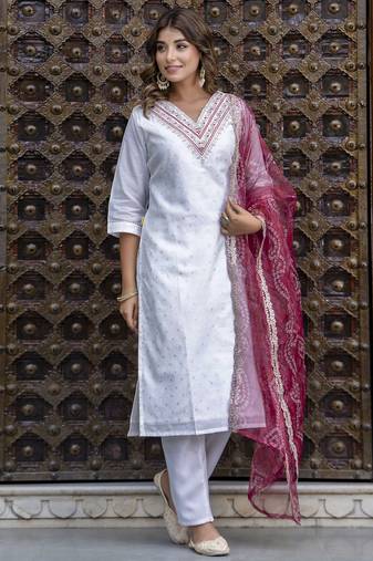 white fancy chanderi silk kurta set