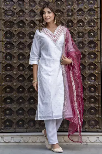 white fancy chanderi silk kurta set