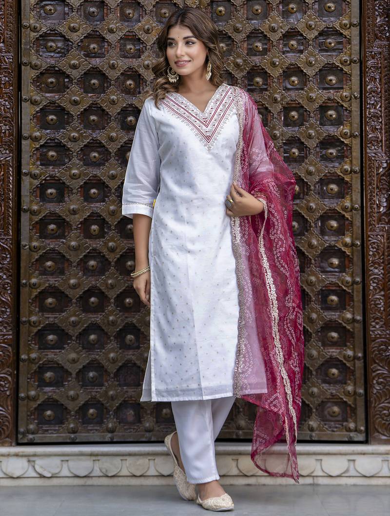 white fancy chanderi silk kurta set