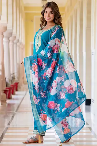 dark-sea-green fancy viscose rayon kurta set