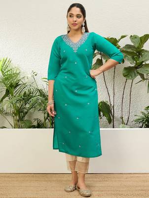Rama color silk blend embroidery long kurta 1
