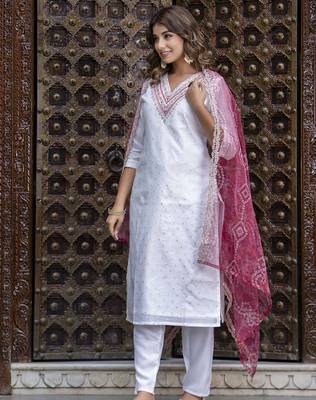 white fancy chanderi silk kurta set 3