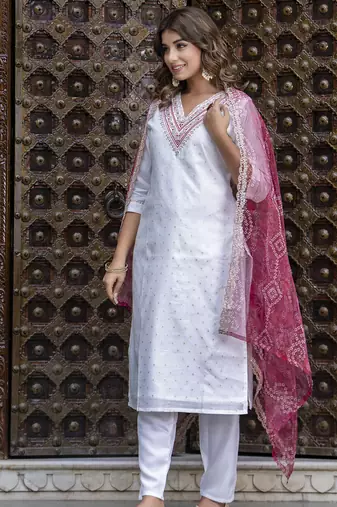 white fancy chanderi silk kurta set