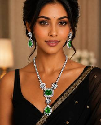 Luxury emerald green crystal long necklace set with earrings for women 2
