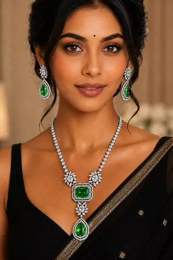 Luxury emerald green crystal long necklace set with earrings for women