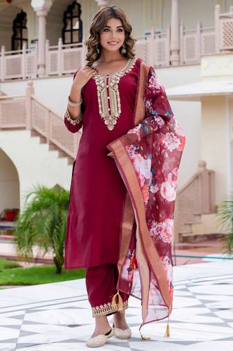 Maroon silk blend designer festive wear readymade suit