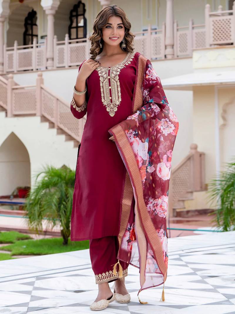 Maroon silk blend designer festive wear readymade suit