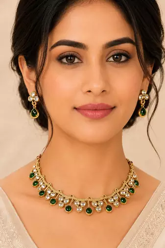 Elegant emerald green kundan necklace set with drop earrings for women
