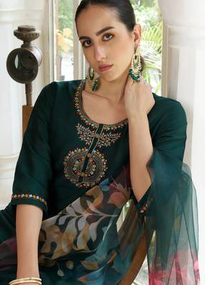 green fancy cotton silk kurta set 4