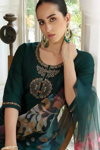 green fancy cotton silk kurta set