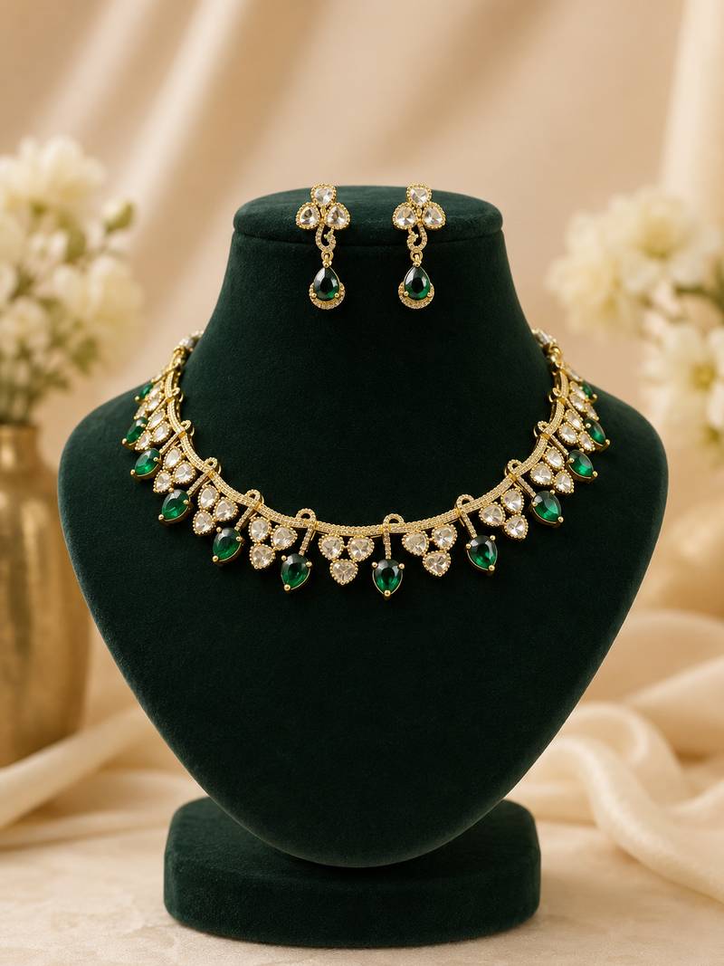 Elegant emerald green kundan necklace set with drop earrings for women