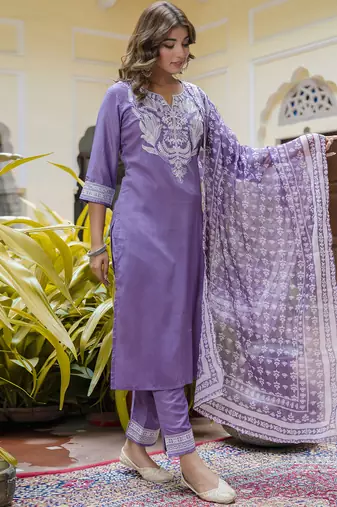 purple fancy silk blend kurta set
