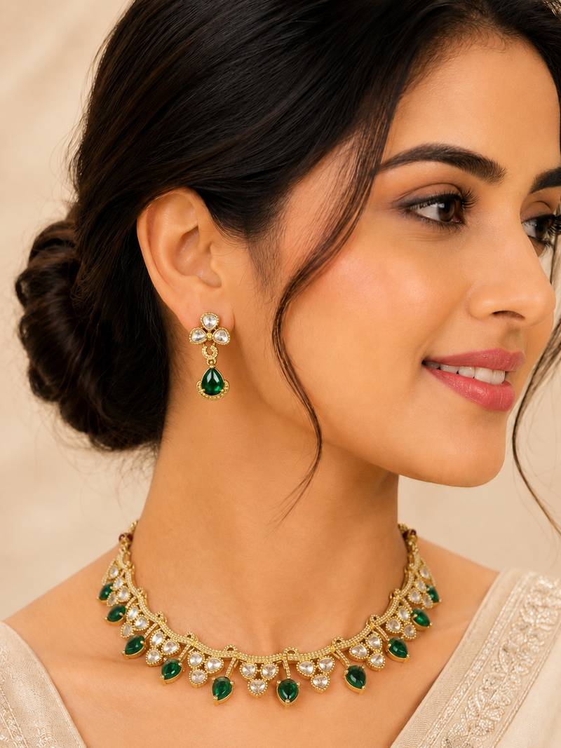 Elegant emerald green kundan necklace set with drop earrings for women
