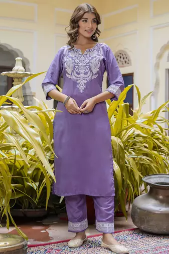 purple fancy silk blend kurta set