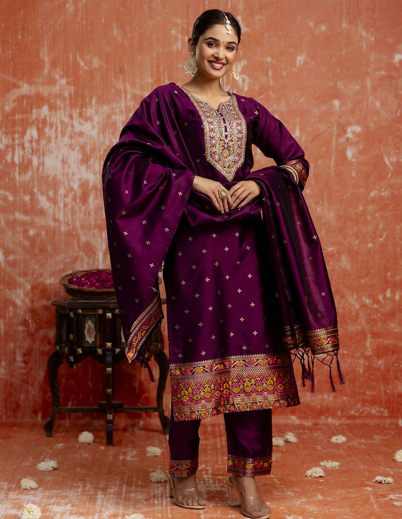 purple fancy cotton silk kurta set