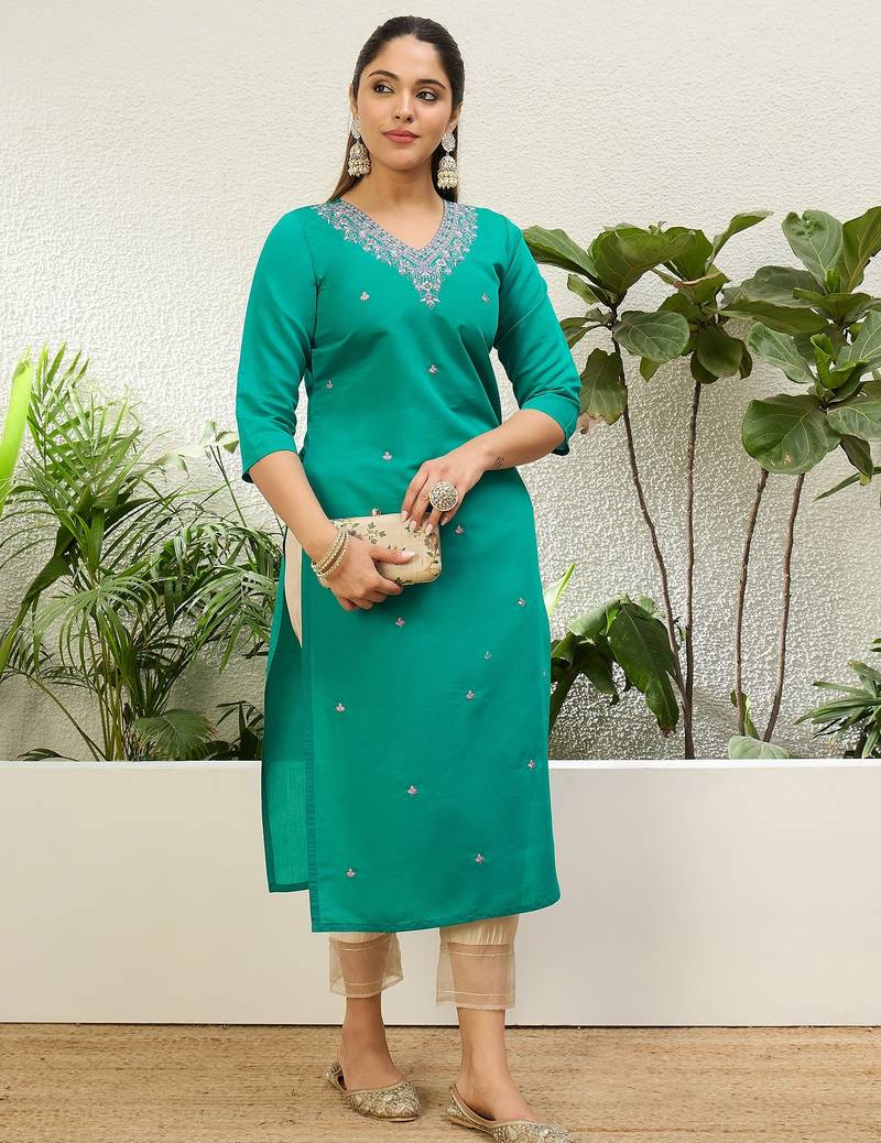 Rama color silk blend embroidery long kurta