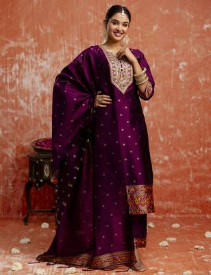 purple fancy cotton silk kurta set 2