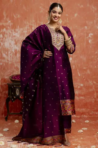 purple fancy cotton silk kurta set