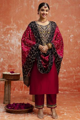 Maroon silk blend designer festive wear readymade suit