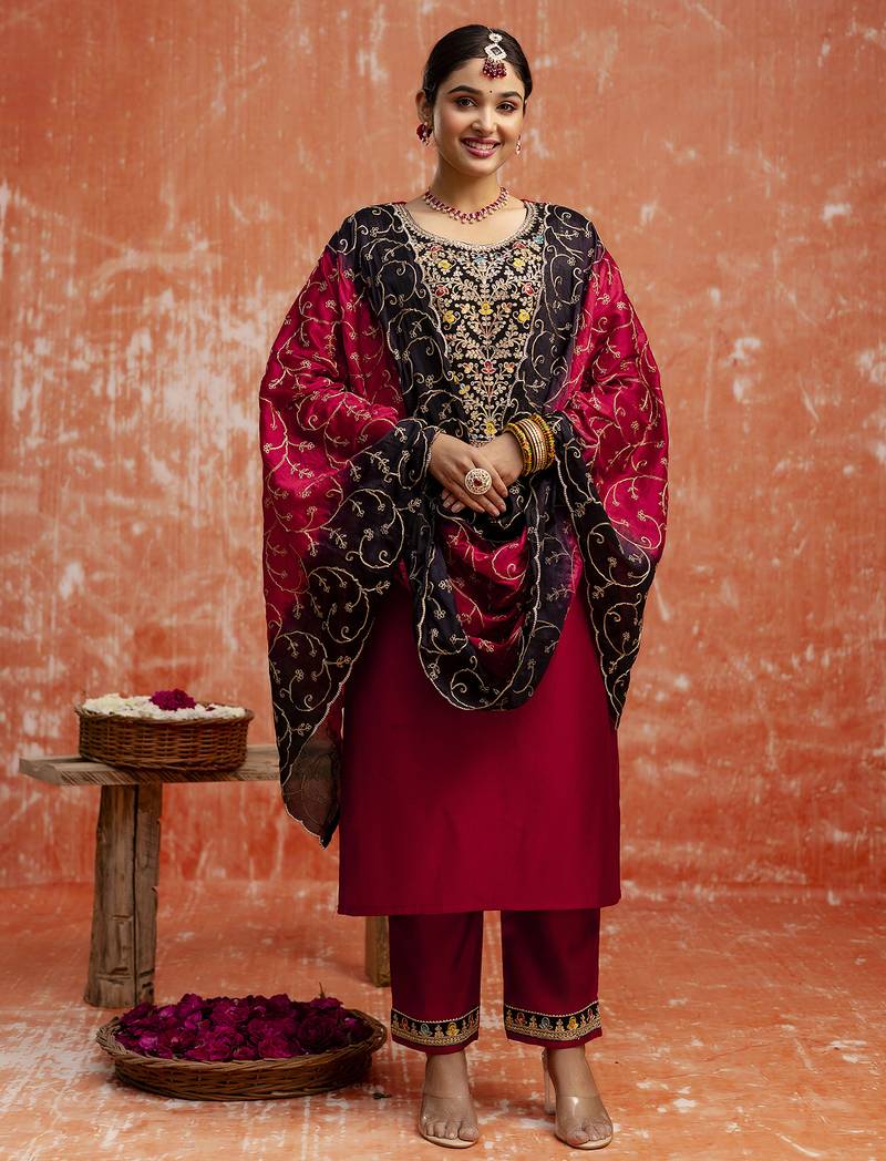 Maroon silk blend designer festive wear readymade suit