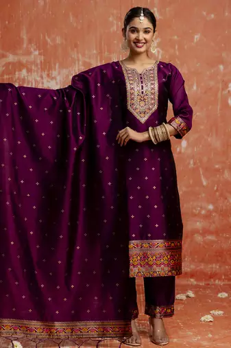purple fancy cotton silk kurta set