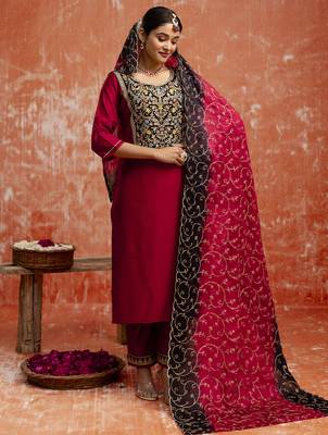 Maroon silk blend designer festive wear readymade suit 2