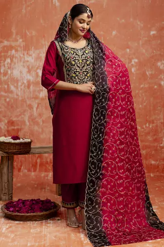 Maroon silk blend designer festive wear readymade suit