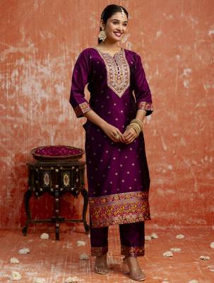 purple fancy cotton silk kurta set 4