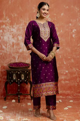 purple fancy cotton silk kurta set