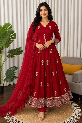 Red embroidered faux georgette anarkali suit set