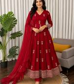 Red embroidered faux georgette anarkali suit set