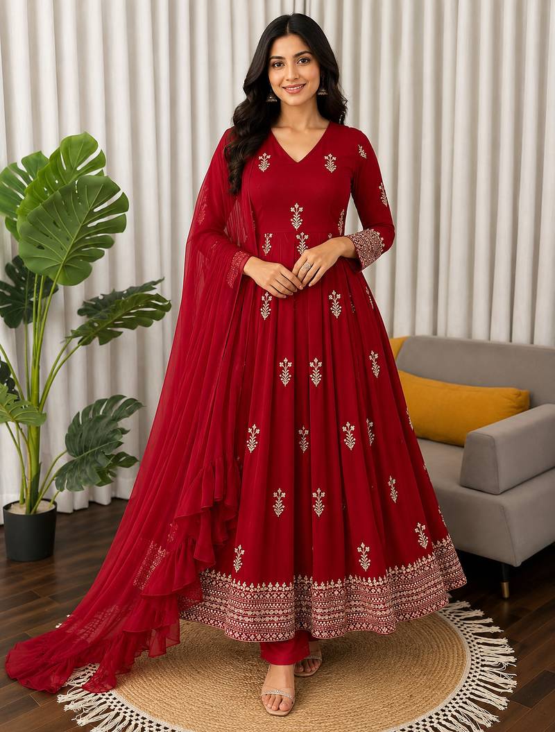Red embroidered faux georgette anarkali suit set