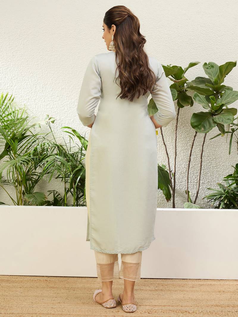 Grey color silk blend embroidery long kurta