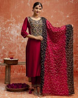 Maroon silk blend designer festive wear readymade suit 3
