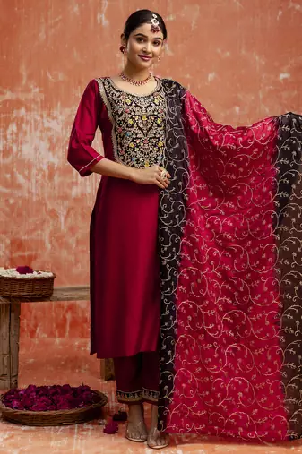 Maroon silk blend designer festive wear readymade suit