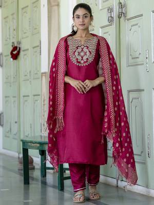 Pink cotton silk blend designer festive wear readymade suit 1